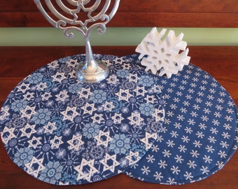 Blue Hanukkah Circular Placemats Reversible set 2 4 or 6 Round Snowflake Placemats Star of David Placemats Circular Hanukkah Centerpiece