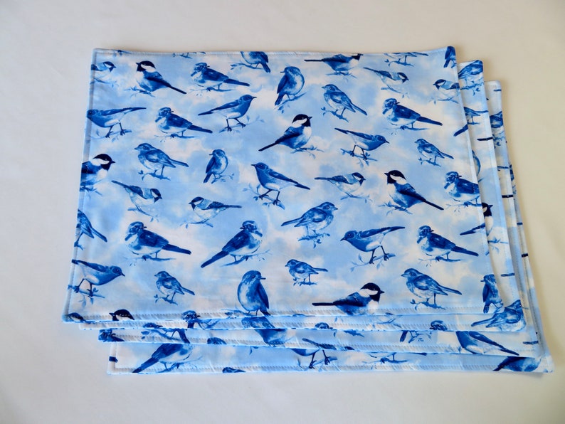 Blue Bird Placemats Reversible set of 4 or 6 Blue and White Floral Placemats Summer Placemats Bird Lovers Gift Bird Table Decor image 5