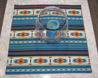 Southwest Centerpiece 21" Square Reversible Turquoise Southwest Table Topper Aztec Centerpiece Sedona Runner Turquoise Southwest Table Decor