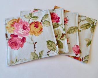 Pink Rose Reversible Coasters 4 or 6  Shabby Chic Mug Rugs