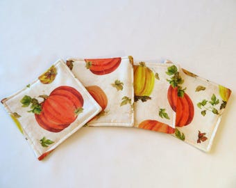 Pumpkin and Fall Leaves Coaster Set 4 or 6 Reversible Autumn Coasters Orange Green Yellow Thanksgiving Mug Rugs Fall Table Decor