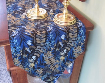 dark blue and light gold fern design fabric table runner 8" x 53" 