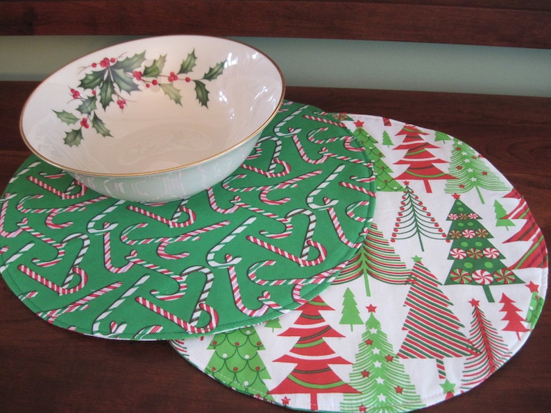 Circular Christmas Placemats Reversible Round Candy Cane Etsy
