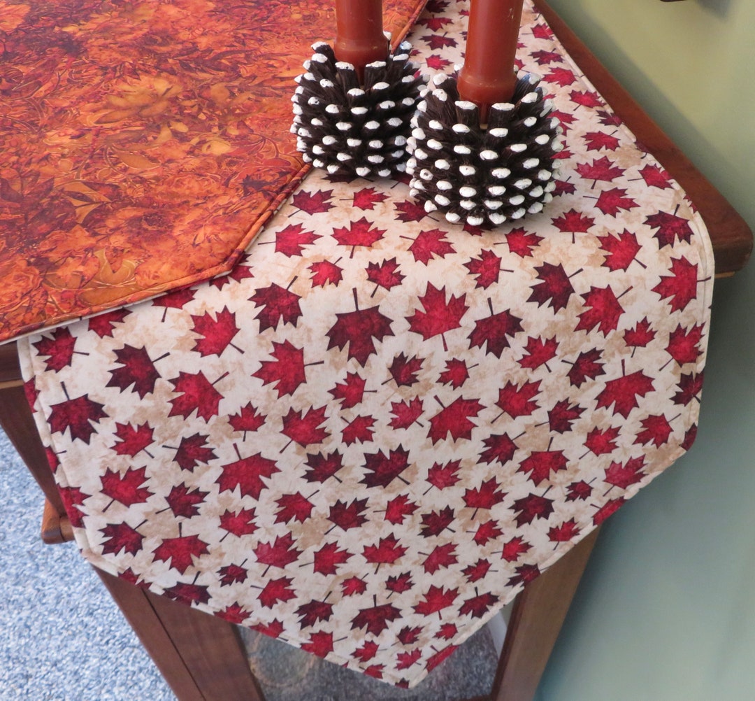 54 Burgundy Fall Leaves Table Runner Reversible Beige Brown Dark Red