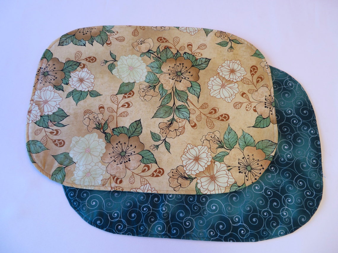 Spring Green Floral Oval Placemats Reversible Sage Tan Beige Etsy