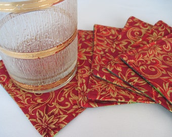 Red Gold Christmas Coasters set 4 or 6 Red Poinsettia Mug Rugs Gold and Red Coasters Gold Christmas Coasters Elegant Gold Christmas Coasters