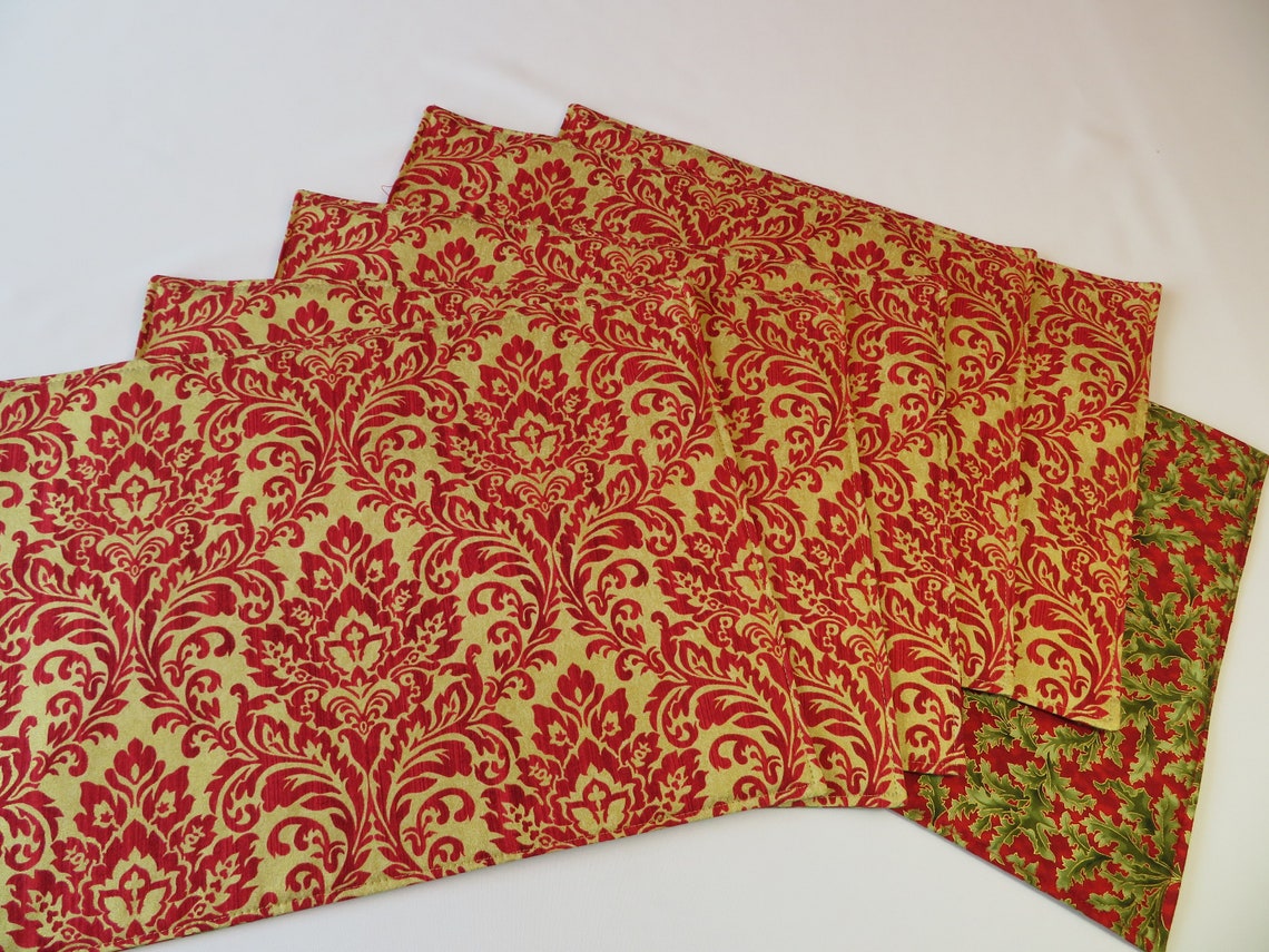 Red Gold Christmas Placemats Set 4 or 6 Red Gold Damask Etsy