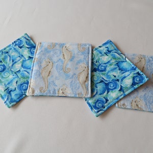 Blue Seashell Seahorse Coasters Reversible Set of 4 or 6 Summer Coasters Beach Mug Rug Nautical Coaster Set Shell Seahorse Home Decor image 4