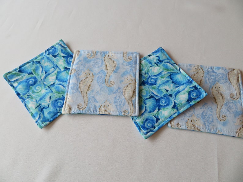 Blue Seashell Seahorse Coasters Reversible Set of 4 or 6 Summer Coasters Beach Mug Rug Nautical Coaster Set Shell Seahorse Home Decor image 4