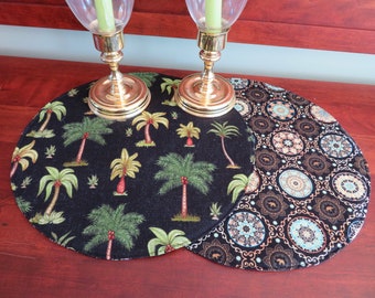 Palm Tree Round Placemats Reversible Set of 2 4 - 6 Black Green Tropical Circular Hawaiian Centerpiece Beach House Palm Tree Decor Green Tan