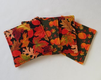 Fall Leaves and Pumpkins Coasters Set 4 or 6 Reversible Halloween Autumn Mug Rugs Green Black Fall Coasters Thanksgiving Pumpkin Table Decor