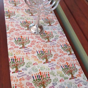 SALE 54&quot; Happy Hanukkah Table Runner Reversible Blue Holiday Menorah Table Runner Hanukkah Home Decor Table Decor Colorful Menorah Decor