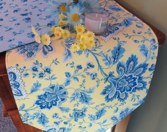 54" 72" Blue Yellow Table Runner Reversible Summer Cottage Blue Rose Table Runner Jacobean Blue French Country Runner Yellow Centerpiece