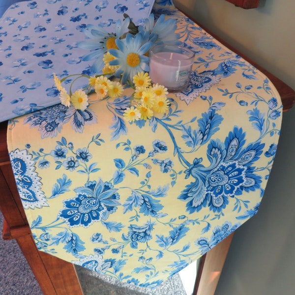 54" 72" Blue Yellow Table Runner Reversible Summer Cottage Blue Rose Table Runner Jacobean Blue French Country Runner Yellow Centerpiece