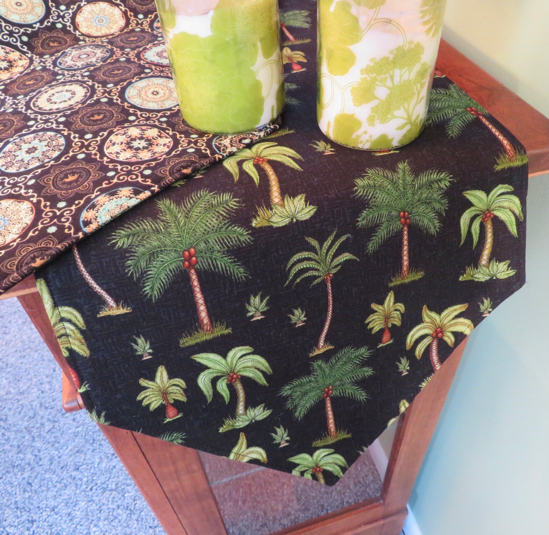 54 Palm Tree Table Runner Reversible Tropical Black Palm Tree Green
