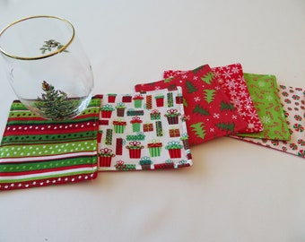 6 Festive Christmas Coaster Set Reversible Snowflake Green Red Coasters Fun Cute Christmas Mug Rug Mixed Set Christmas Coasters teacher gift