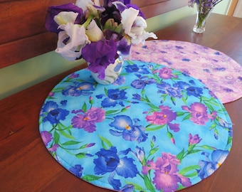 Blue Purple Iris Circular Placemats 2 4 6 Reversible Round Summer Placemats Purple Blue Spring Placemats Iris Table Decor Iris Centerpiece