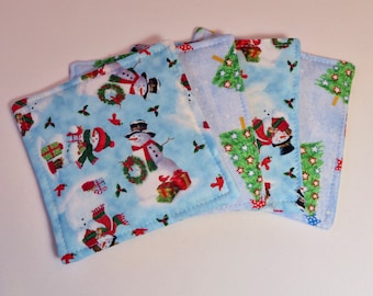 Snowman Coasters set of 4 or 6 Christmas Mug Rug Coasters Reversible Blue Winter Mug Rugs Stocking stuffer Snowy Day Snowmen Coasters