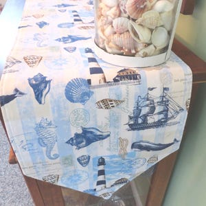 54" 72" Blue Nautical Table Runner Reversible Lighthouse Seashell Table Runner Seahorse Centerpiece Coastal Living Table Decor