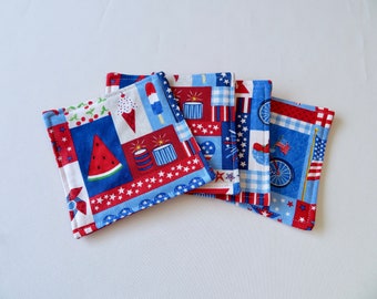 Summer Fun Flag Coasters Reversible set 4 or 6 Patriotic Mug Rugs Fireworks and Stars and Stripes Coasters 4th of July Mug Rugs RWB