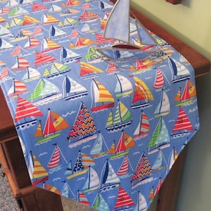 SALE 54&quot; 72&quot; Sailboat Table Runner Reversible Anchor Table Runner Nautical Table Runner Summer Sailboat Table Decor Boat Dresser Scarf