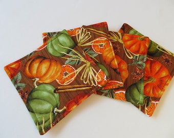 Fall Pumpkin Coasters Set 4 or 6 Reversible Autumn Brown Coasters Orange Green Yellow Autumn Mug Rugs Thanksgiving Pumpkin Table Decor