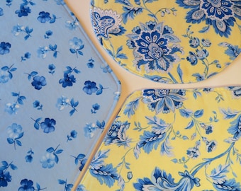 Blue and Yellow Wedge Placemats set 4 or 6 Reversible Summer Cottage Blue Rose Placemats for round table Jacobean Yellow Blue French Country