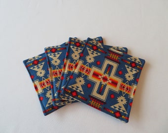 Blue Aztec Coasters set 4 Reversible Cowboy Hat Coasters Southwest Coasters Southwestern Mug Rugs Sedona Southwest Home Decor