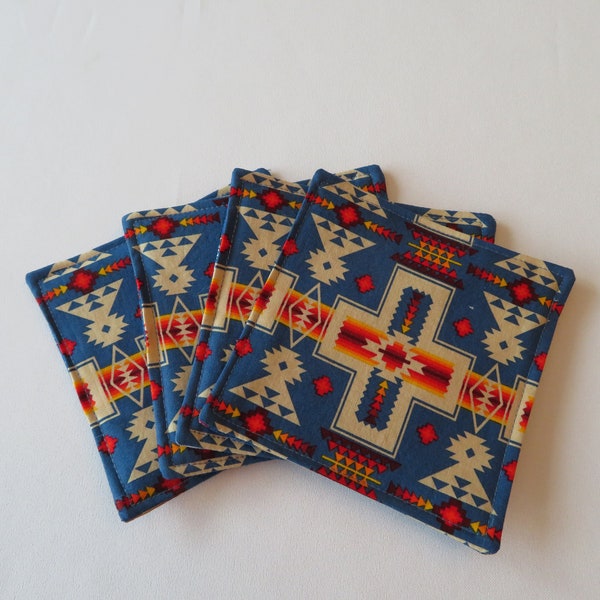 Blue Aztec Coasters set 4 Reversible Cowboy Hat Coasters Southwest Coasters Southwestern Mug Rugs Sedona Southwest Home Decor