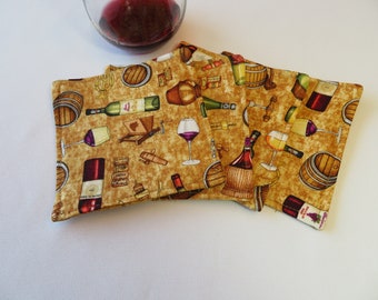 Tan Wine Theme Coasters set of 4 or 6 Wine Coasters Reversible Grape Mug Rugs Tuscany Coasters Wine Country Coasters Wine Barrel Mug Rugs