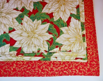 Christmas White Poinsettia Placemats Reversible Set 4 or 6 White and Gold Poinsettia Placemats Gold Red Placemats Gold Holly Placemats