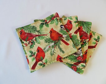 Christmas Cardinal Coasters set of 4 or 6 Reversible Christmas Coasters Pinecone Mug Rugs Winter Holly Coasters Bird lovers Christmas gift