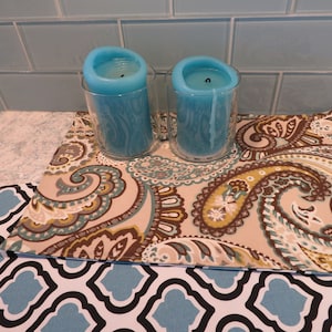 SALE Turquoise Gray Table Topper Centerpiece Reversible Aqua Table Runner Small Teal Beige Paisley Centerpiece Boho Eclectic Table Decor paisley 10"x16"