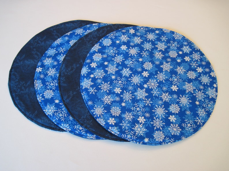 Blue Snowflake Round Placemats Set Reversible set 2 4 or 6 Etsy