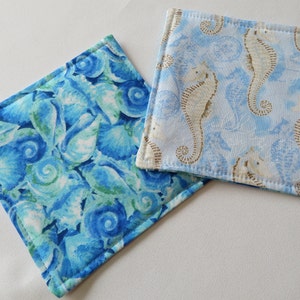 Blue Seashell Seahorse Coasters Reversible Set of 4 or 6 Summer Coasters Beach Mug Rug Nautical Coaster Set Shell Seahorse Home Decor image 2