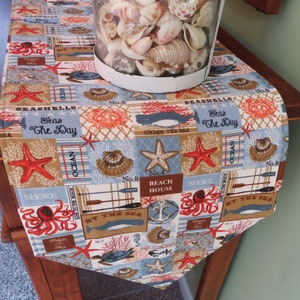 72&quot; Nautical Summer Table Runner Reversible Blue Sea Shell Table Runner Coastal Living Table Decor Beach Star Fish Scallops Crabs Turtles