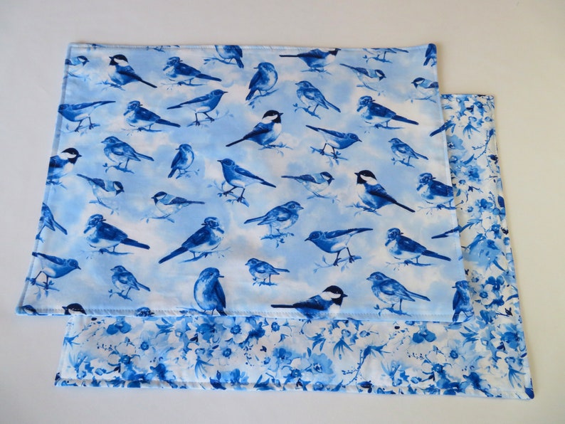 Blue Bird Placemats Reversible set of 4 or 6 Blue and White Floral Placemats Summer Placemats Bird Lovers Gift Bird Table Decor image 8
