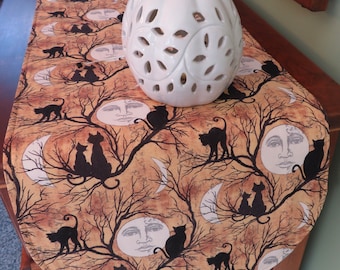 36" Black Cats and Moons Halloween Table Runner Reversible Fall Autumn  Centerpiece