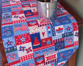 72" Summer Fun Table Runner Reversible Red White and Blue Table Runner American Flag  Patriotic Centerpiece 4th of July Table Runner