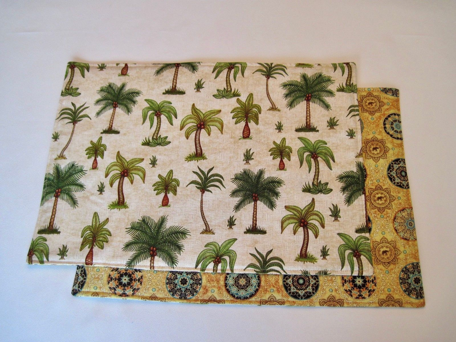 Palm Tree Placemats Reversible Set 46 Green Tropical Etsy