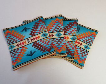 Blue Southwest Coasters Set Reversible set of 4 Rust Turquoise Aztec Mug Rugs Arizona Sedona Coasters Southwest Blanket Print Coasters