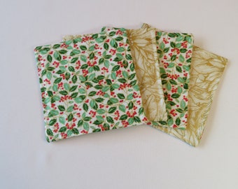 Christmas Holly Coasters Reversible Set 4 or 6 Green Holly Red Berries Coasters Gold Poinsettia Mug Rugs White Christmas Coaster Set