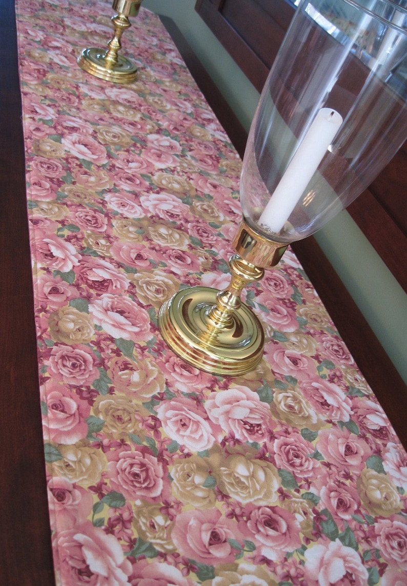 54 72 Pink Rose Table Runner Reversible Table Runner Mauve Cabbage Rose Table Runner Spring Shabby Chic Table Runner Pink Rose Table Decor