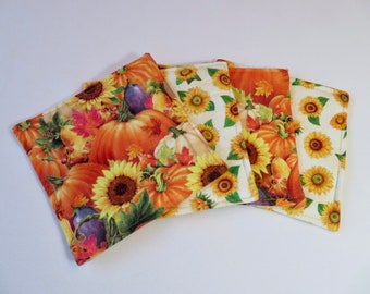 Pumpkin Harvest Coaster Set of 4 or 6 Reversible Sunflower Fall Coasters Thanksgiving Mug Rugs Orange Autumn Pumpkin Fall table decor