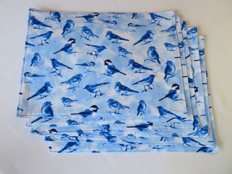 Blue Bird Placemats Reversible set of 4 or 6 Blue and White Floral Placemats Summer Placemats Bird Lovers Gift Bird Table Decor image 3