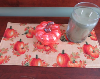 Reversible Fall Table Topper: Orange Leaves and Pumpkins, Thanksgiving Decor