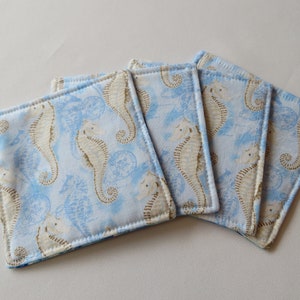 Blue Seashell Seahorse Coasters Reversible Set of 4 or 6 Summer Coasters Beach Mug Rug Nautical Coaster Set Shell Seahorse Home Decor image 1