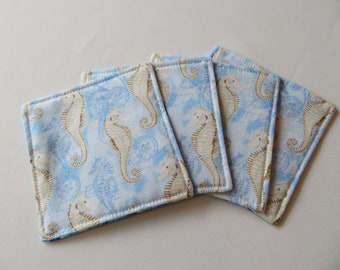 Blue Seashell Seahorse Coasters Reversible Set of 4 or 6 Summer Coasters Beach Mug Rug Nautical Coaster Set Shell Seahorse Home Decor