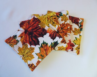 Autumn Fall Leaves Coaster Set 4 or 6 Reversible Pumpkin and Leaves Coasters Orange Yellow Thanksgiving Mug Rugs Fall Table Decor