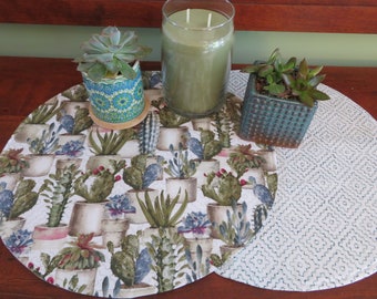 Cactus Round Placemats Reversible Set of 2 or 4  Green Succulent Circular Centerpiece Potted Plant Round Placemats set Tropical  southwest